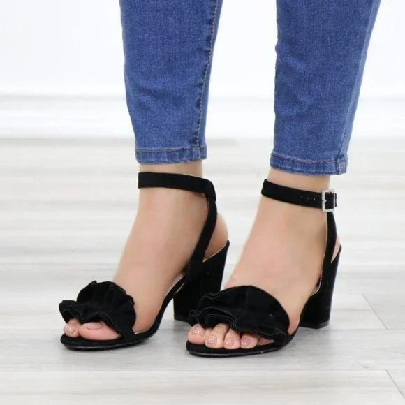 Suede Black Chunky Heel Open Ruffle Toe Sandal - Picture 8 of 10